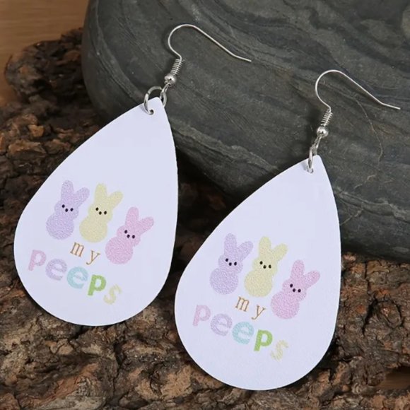 NWT EASTER BUNNIES PASTEL COLORS MY PEEPS FAUX LEATHER DANGLE PIERCED EARRINGS - Picture 3 of 5